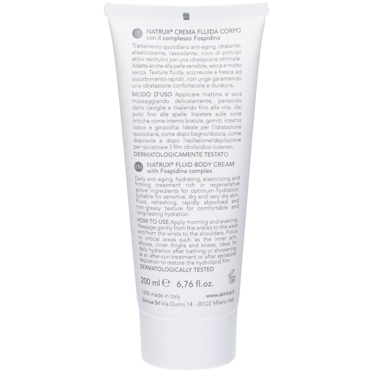 Retro del tubo. Testo in italiano e inglese. Nome del prodotto: Natrux Crema Fluida Corpo. Contenuto: 200 ml.