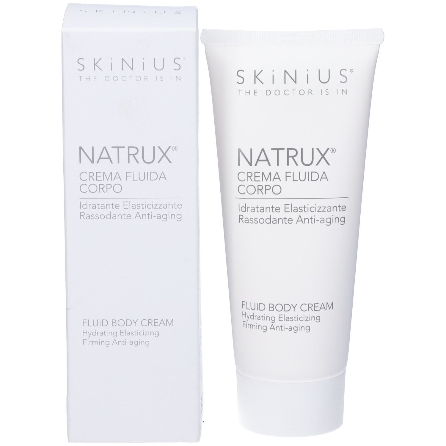 Confezione del prodotto. Scatola pieghevole e tubo bianchi. Stampa: Natrux Crema Fluida Corpo. Testo in italiano e inglese.
