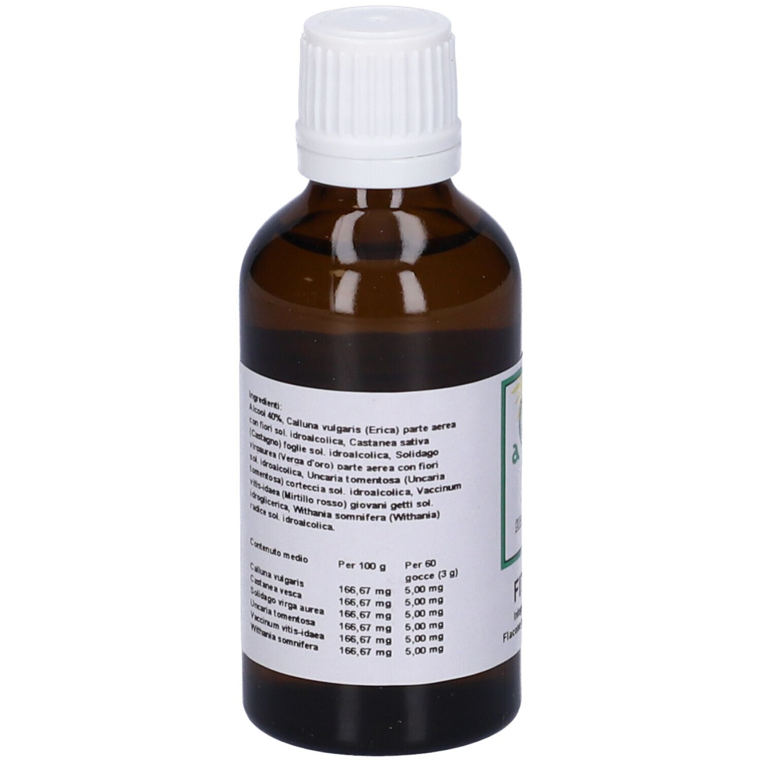 Retro di una bottiglia di vetro marrone con tappo bianco. Etichetta con ingredienti e informazioni nutrizionali.