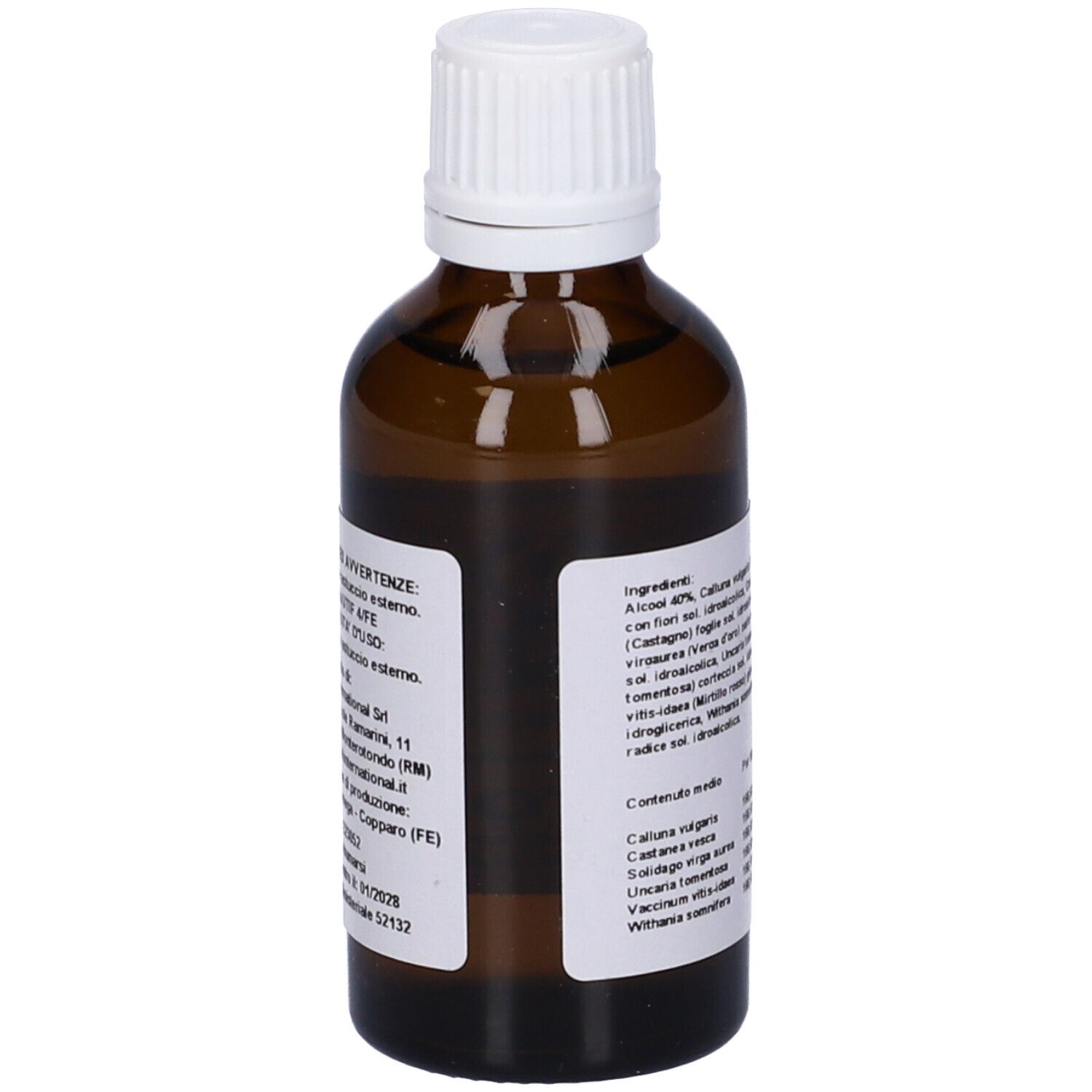 Retro di una bottiglia di vetro marrone con tappo bianco. Etichetta con ingredienti e avvertenze.