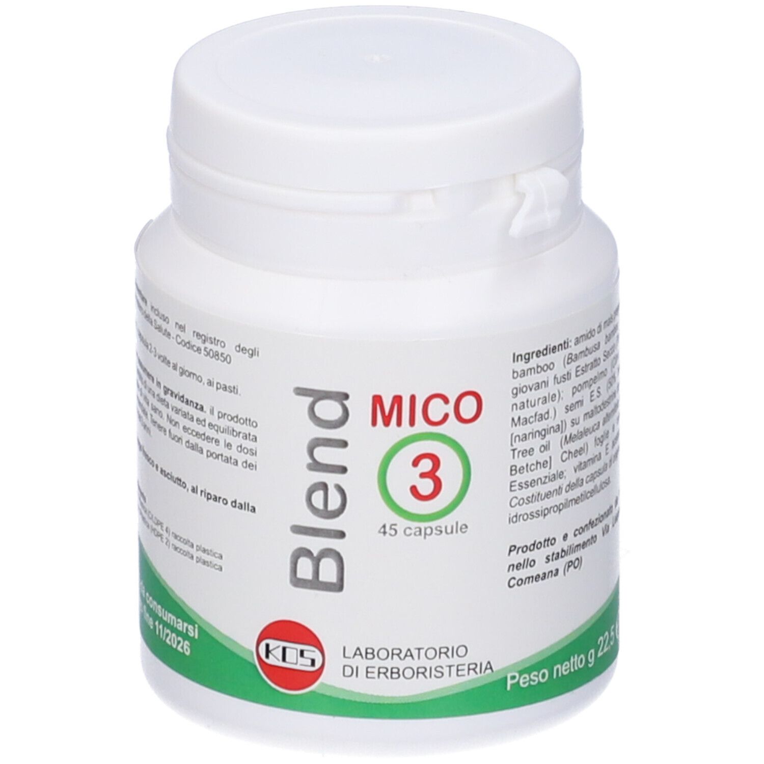 Flacone bianco con "Blend Mico 3 45 capsule" e ingredienti.