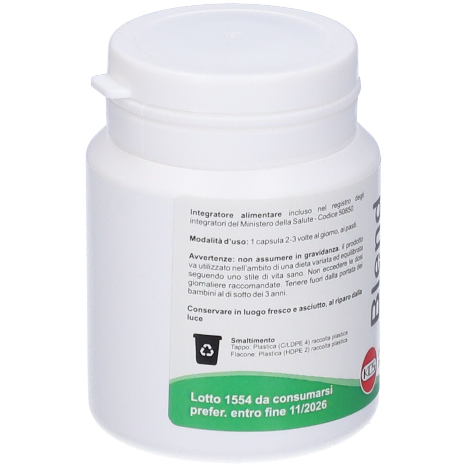 Flacone bianco con etichetta, testo e simbolo di riciclo.