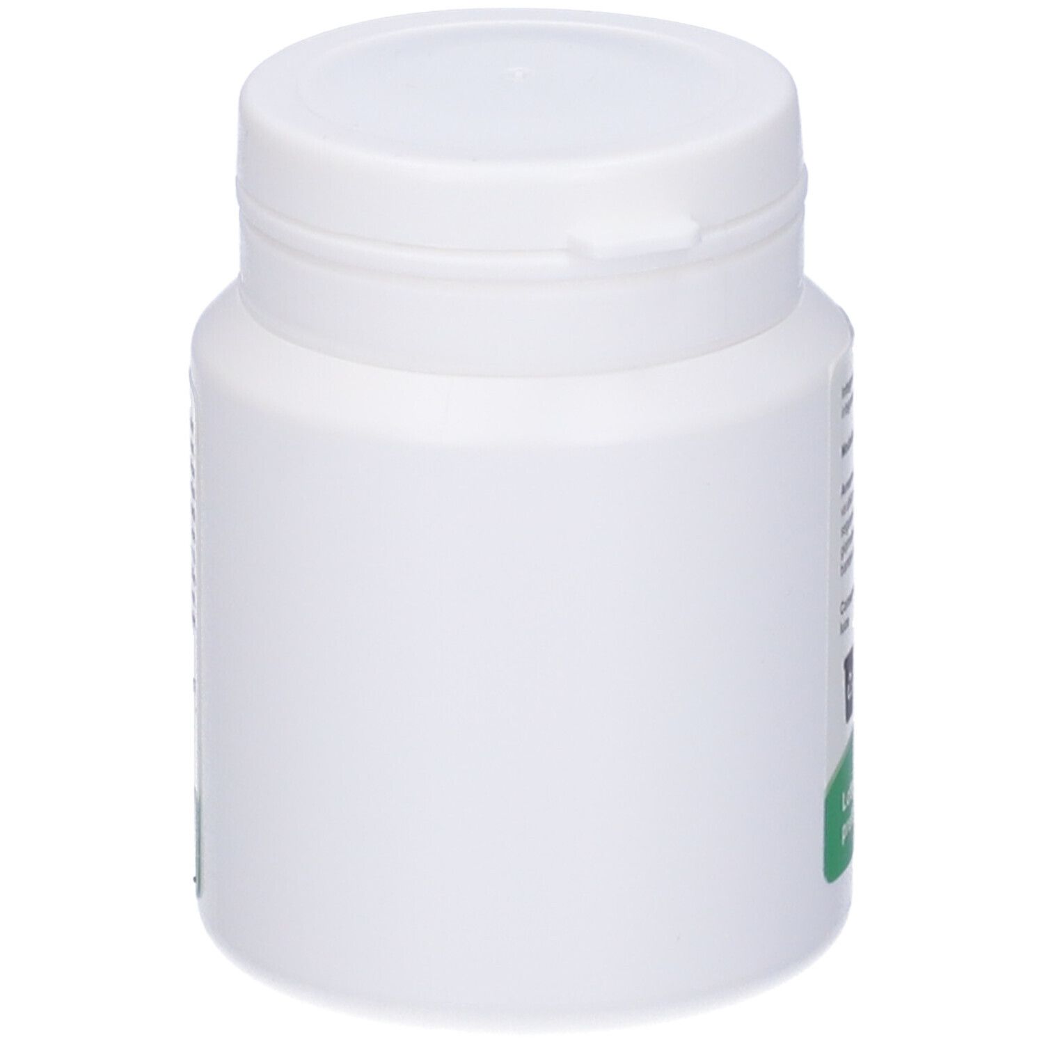 Flacone bianco con coperchio, vista laterale, senza testo.