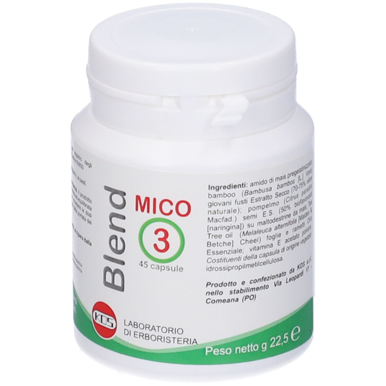 Flacone bianco con "Blend Mico 3 45 capsule" ed etichetta.