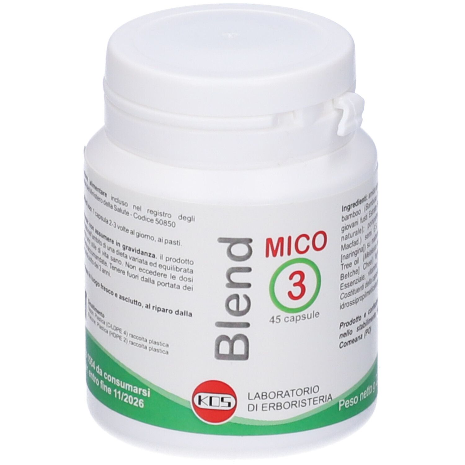 Flacone bianco con "Blend Mico 3 45 capsule" ed etichetta.