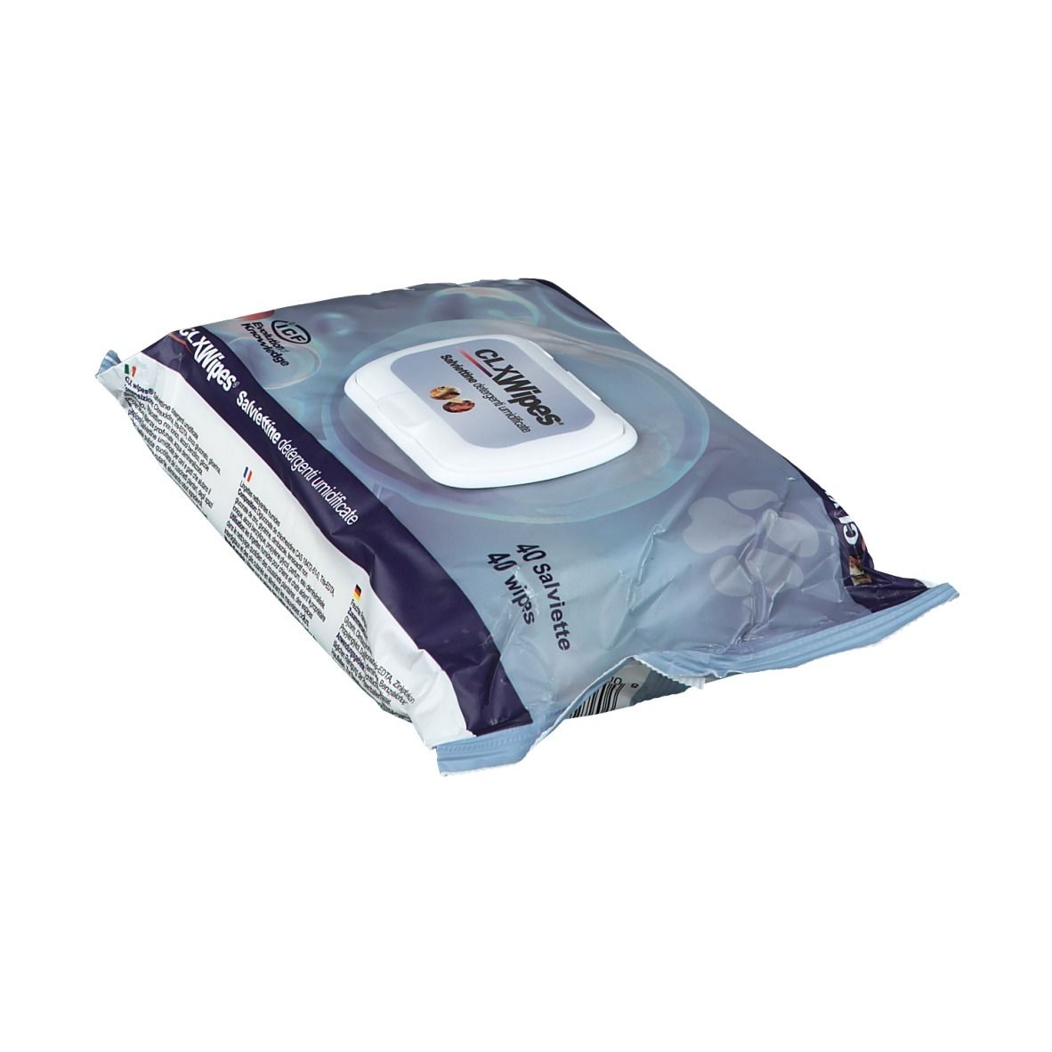 Retro della confezione di CLX Wipes. Testo multilingue. Informazioni sugli ingredienti e il produttore.