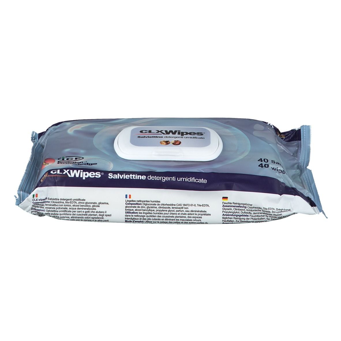 Confezione di CLX Wipes, 40 salviette. Apertura bianca con nome del prodotto. Confezione blu con informazioni.