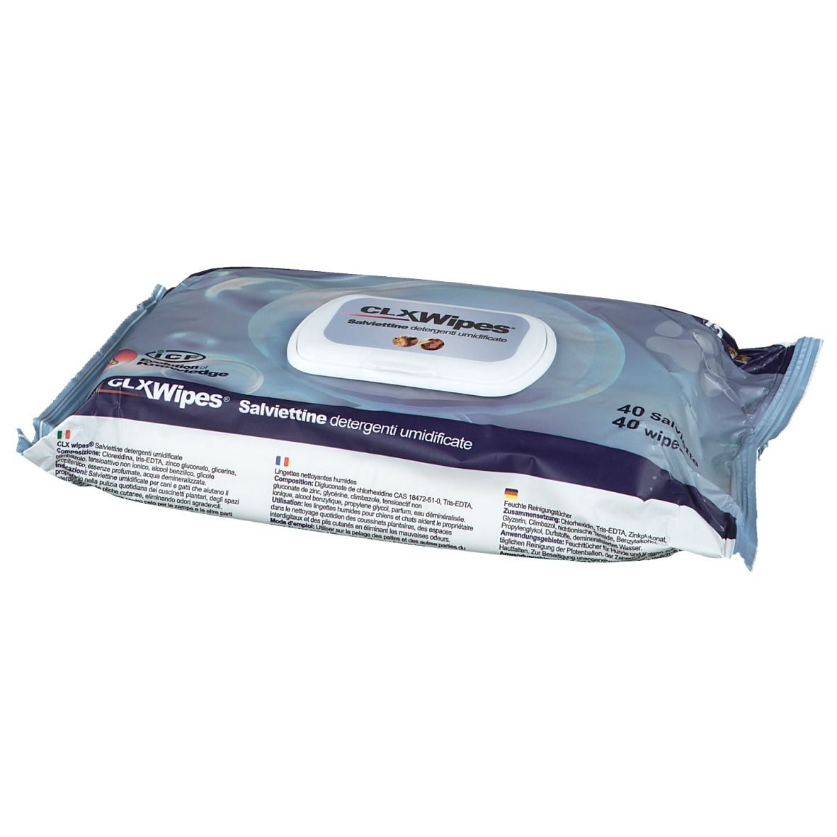 Confezione di CLX Wipes, 40 salviette. Apertura bianca con nome del prodotto. Confezione blu con informazioni.