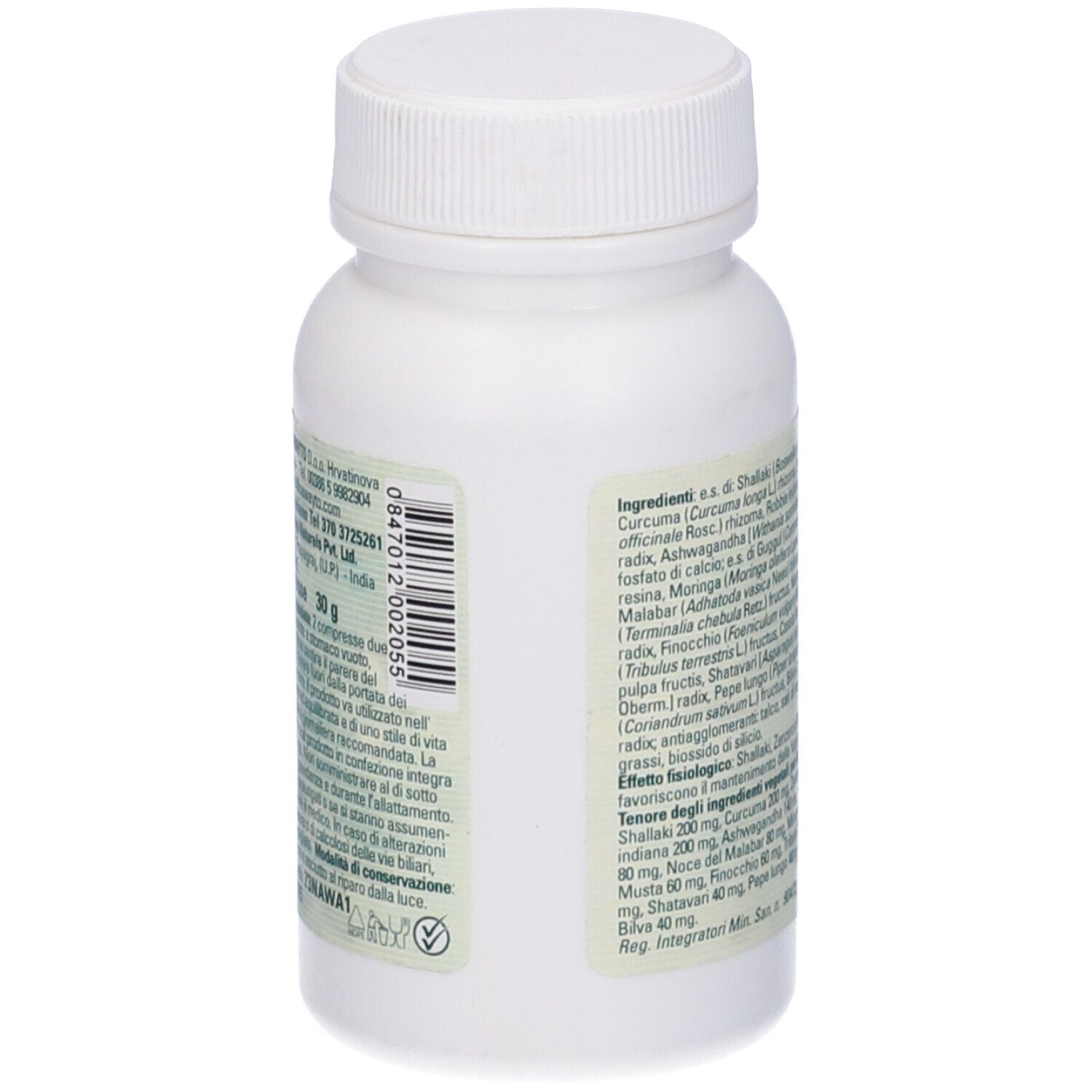 Retro del flacone bianco. Etichetta con informazioni, inclusi ingredienti e produttore. Testo in italiano.