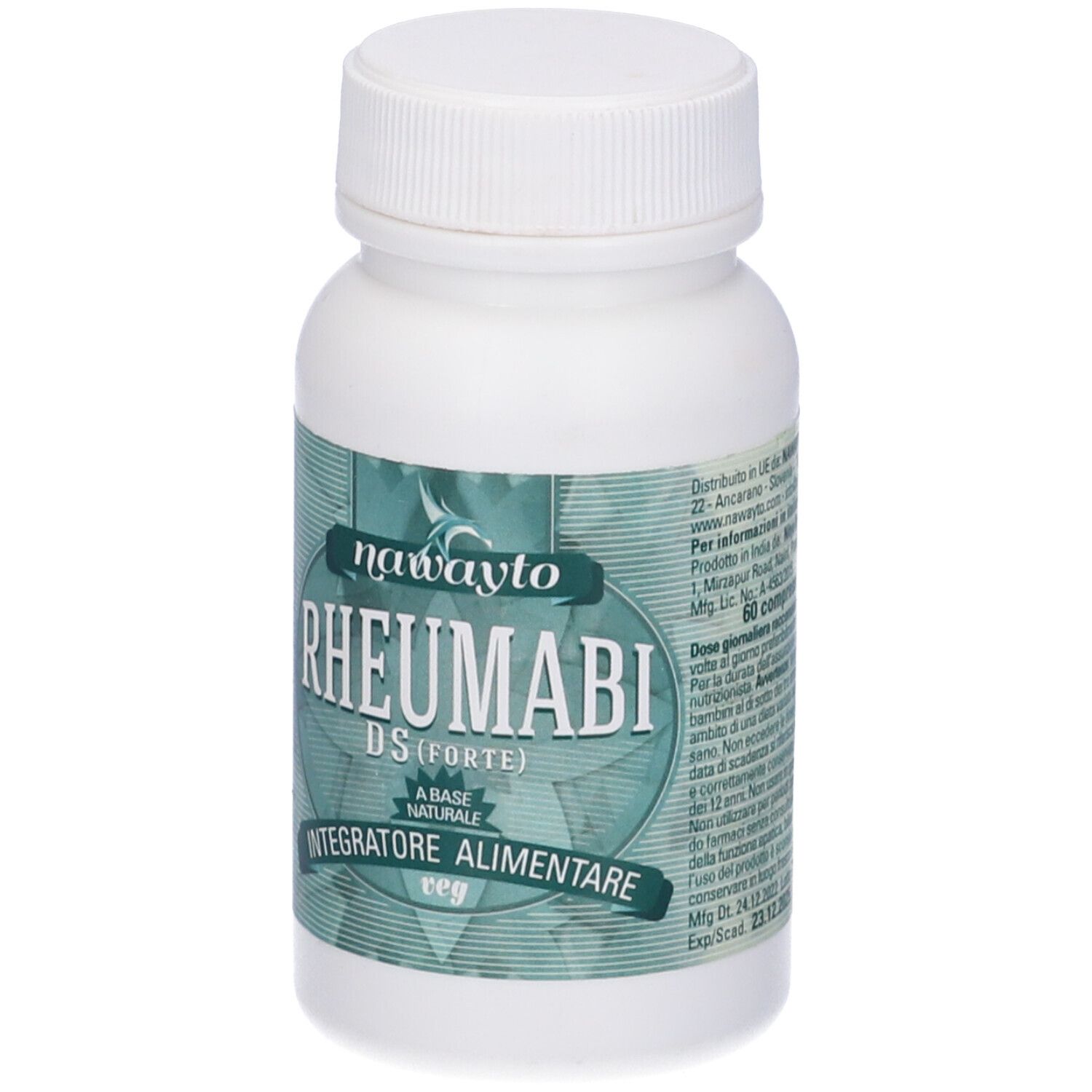 Flacone bianco con tappo a vite. Etichetta con nome prodotto Rheumabi DS (Forte) e logo. Integratore alimentare.