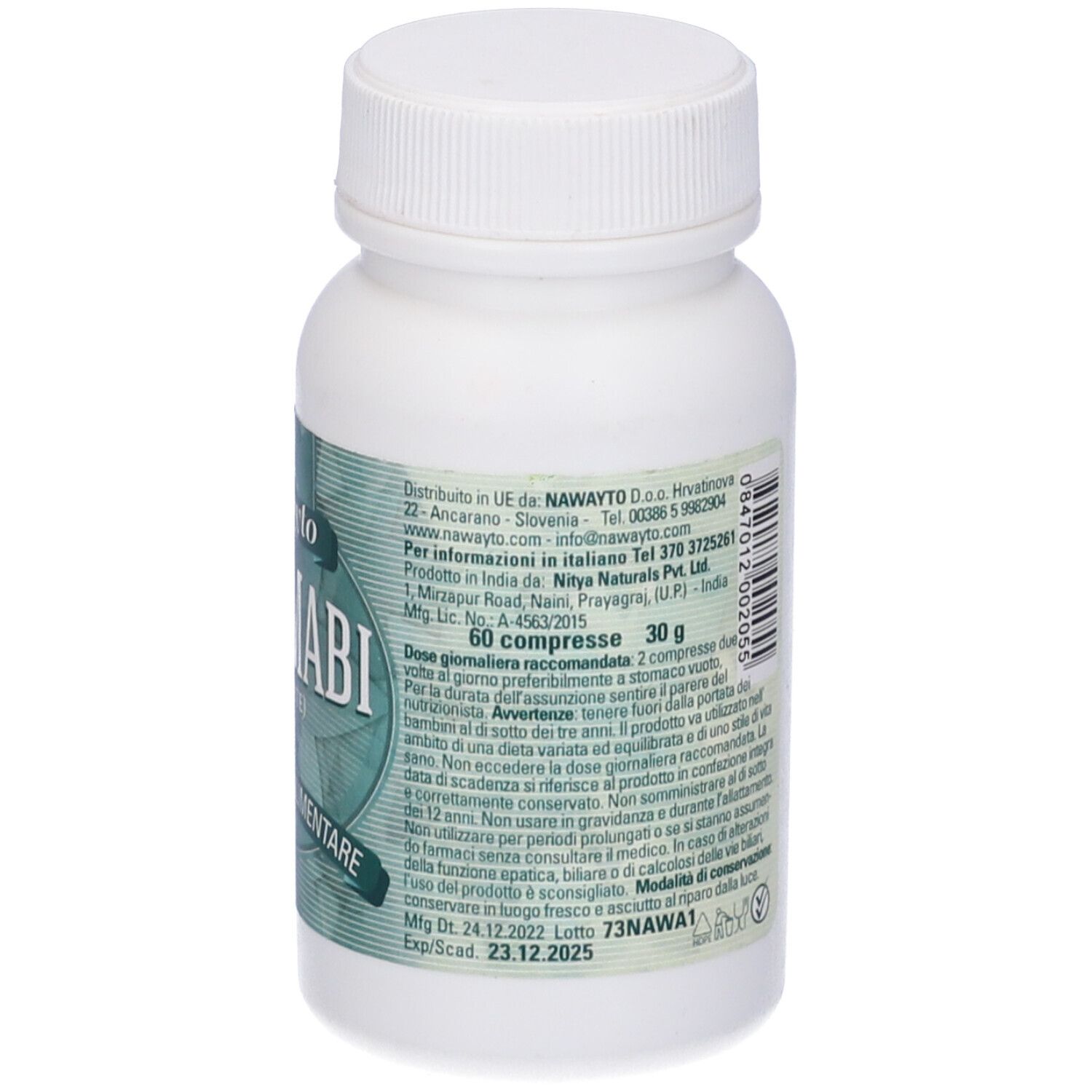 Flacone bianco con tappo a vite. Etichetta con informazioni sul prodotto, ingredienti e data di scadenza. 60 compresse.