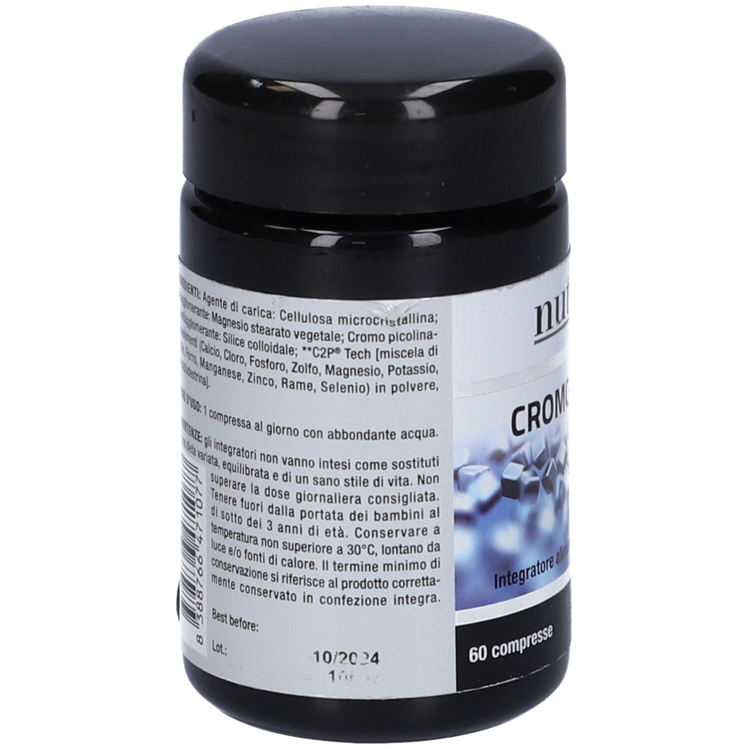 Barattolo nero, vista dettagliata. Scritta: Cromoval 200, 60 compresse. Elenco ingredienti. Scadenza.