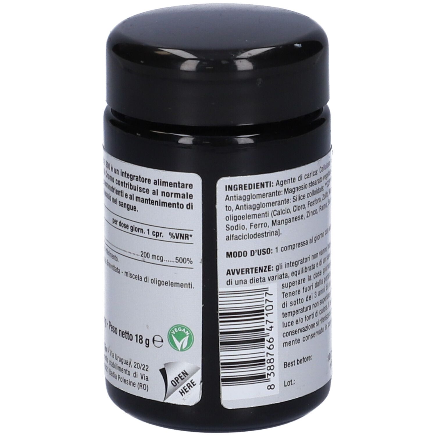 Barattolo nero, vista dettagliata. Scritta: Cromoval 200, 60 compresse. Elenco ingredienti. Sigillo vegano.