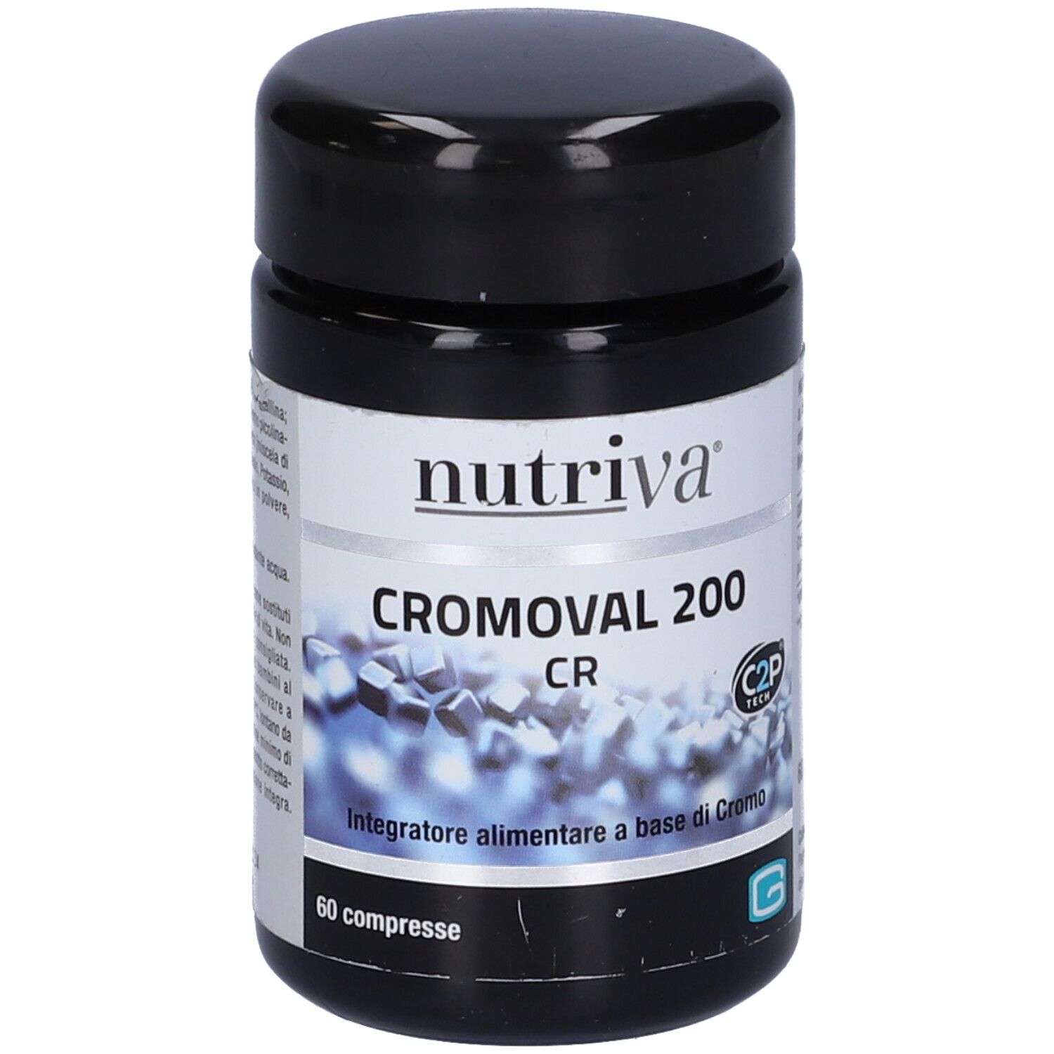 Barattolo nero con etichetta bianca. Scritta: Nutriva Cromoval 200 CR. 60 compresse. Certificazione verde.
