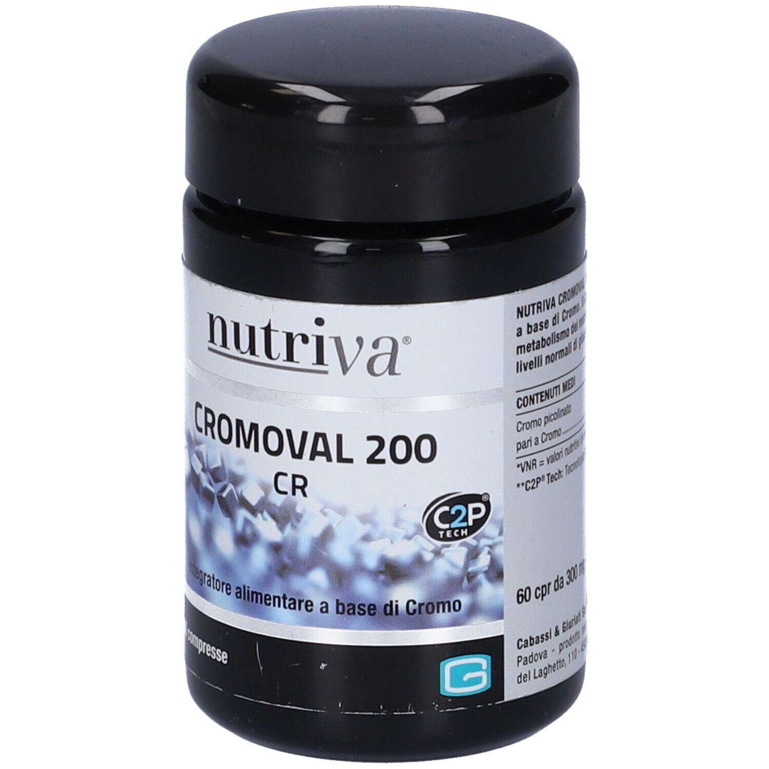 Barattolo nero con etichetta bianca. Scritta: Nutriva Cromoval 200 CR. 60 compresse. C2P Tech.