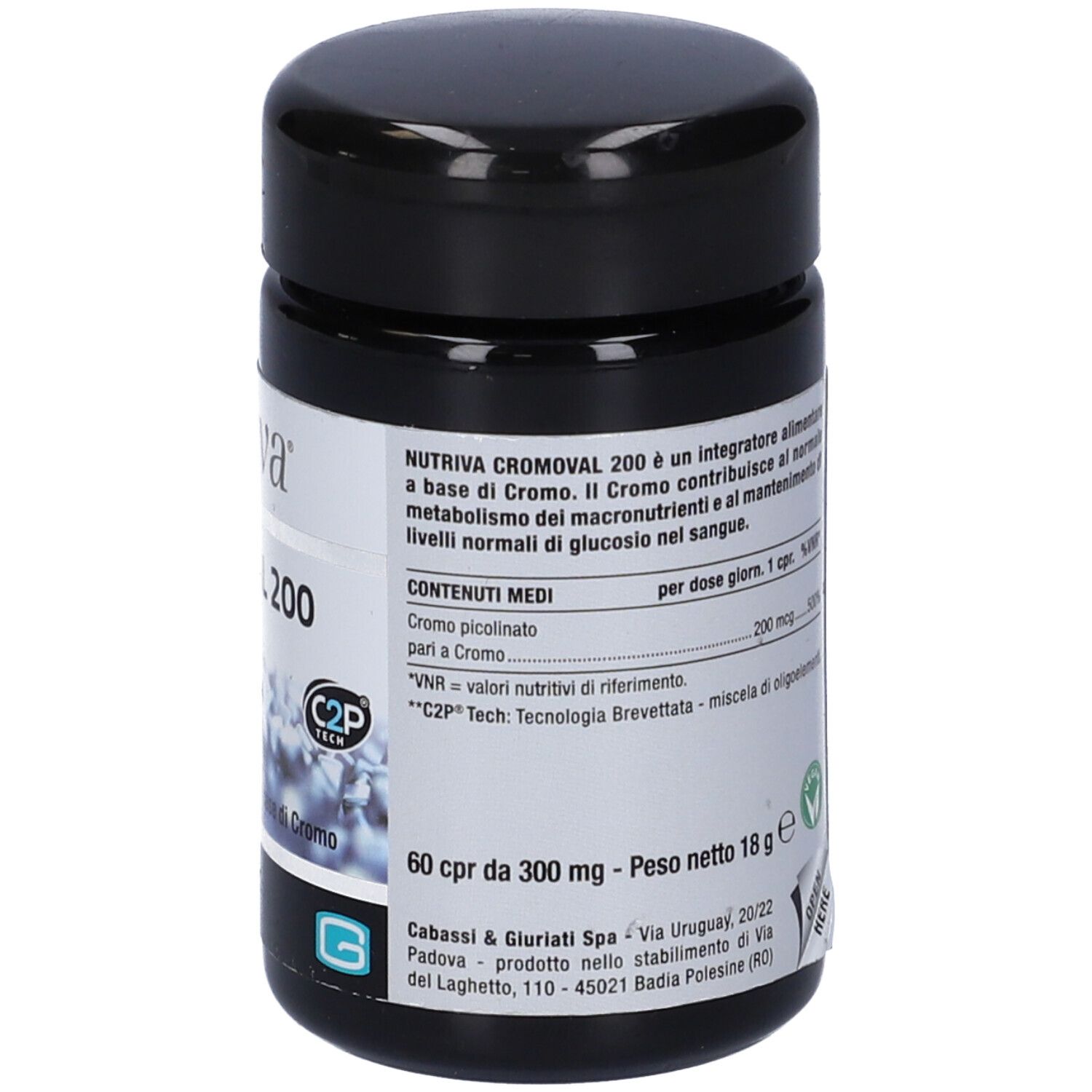 Barattolo nero, vista dettagliata. Scritta: Nutriva Cromoval 200. Ingredienti, dosaggio. 60 compresse.