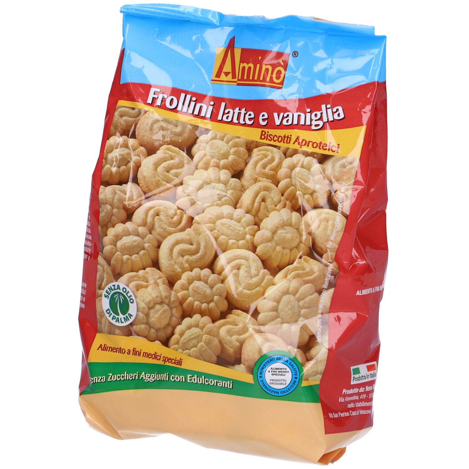 Confezione di biscotti. Scritta: Frollini latte e vaniglia. Marchio: Amino. Senza olio di palma.