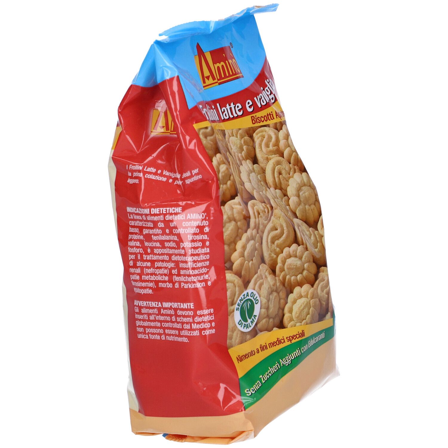 Confezione di biscotti. Scritta: Frollini latte e vaniglia. Marchio: Amino. Senza olio di palma.