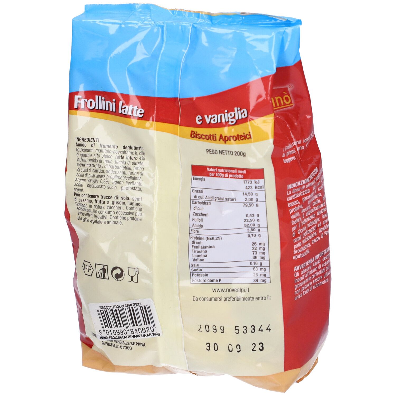 Retro della confezione. Scritta: Frollini latte e vaniglia. Informazioni nutrizionali. Scadenza.