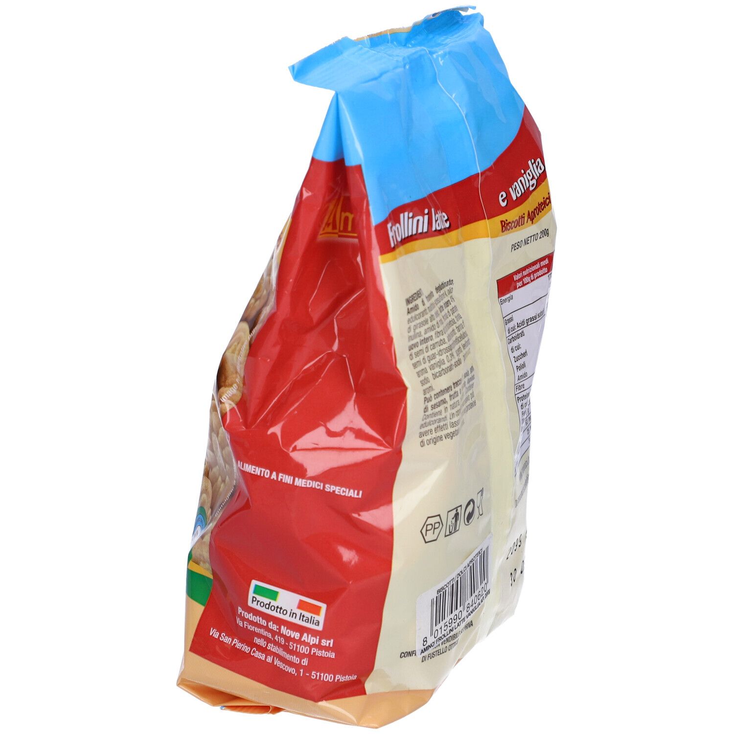 Confezione di biscotti. Scritta: Frollini latte e vaniglia. Marchio: Amino. Prodotto in Italia.