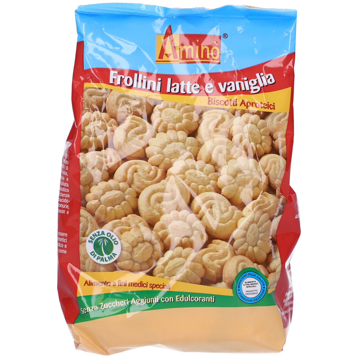 Confezione di biscotti. Scritta: Frollini latte e vaniglia. Marchio: Amino. Senza olio di palma.