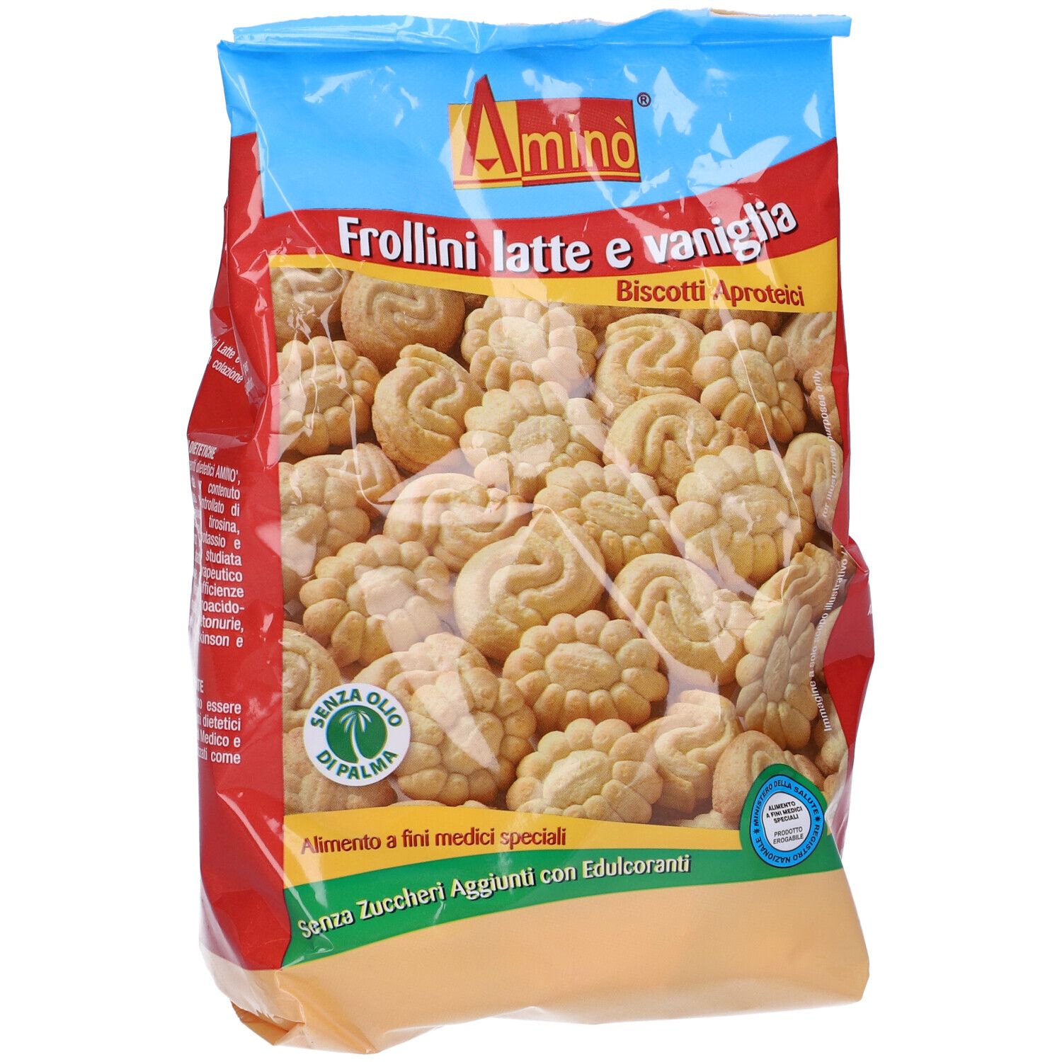 Confezione di biscotti. Scritta: Frollini latte e vaniglia. Marchio: Amino. Senza olio di palma.