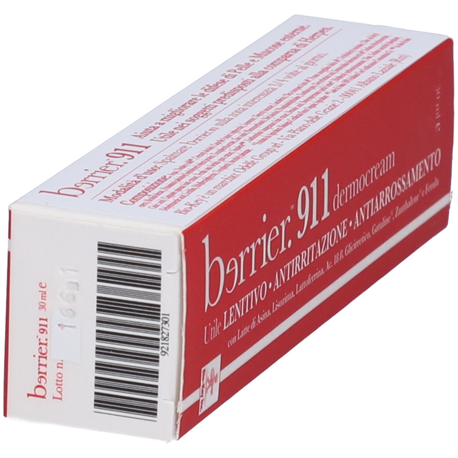 Confezione del prodotto rossa e bianca in diagonale. Scritta: barrier. 911 dermocream. Codice a barre e testo.