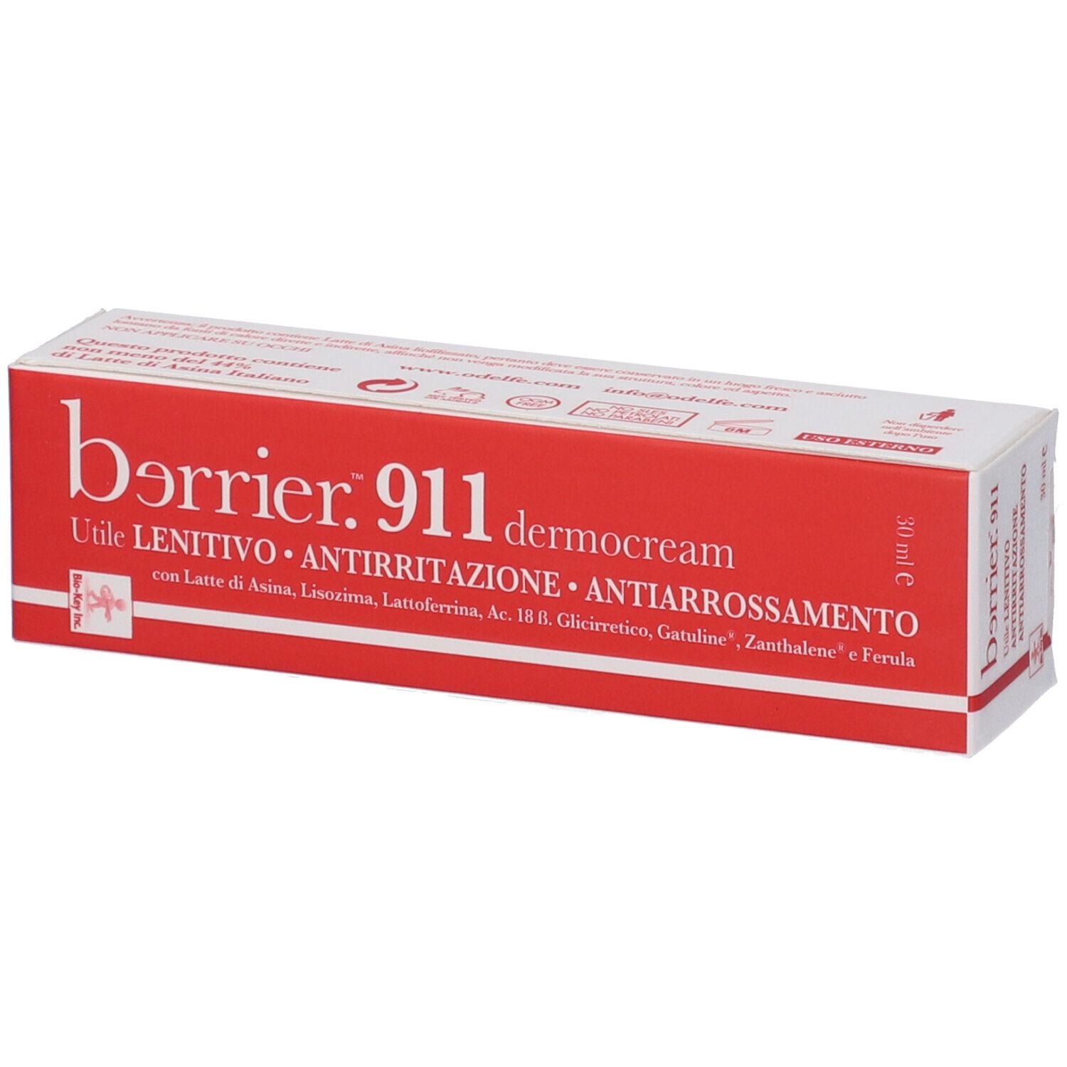Confezione del prodotto rossa e bianca. Scritta: barrier. 911 dermocream. Testo: LENITIVO, ANTIRRITAZIONE, ANTIARROSSAMENTO. 30 ml.