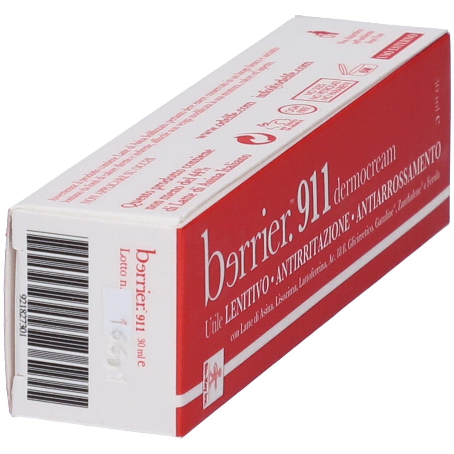 Confezione del prodotto rossa e bianca in diagonale. Scritta: barrier. 911 dermocream. Testo e numero di lotto.