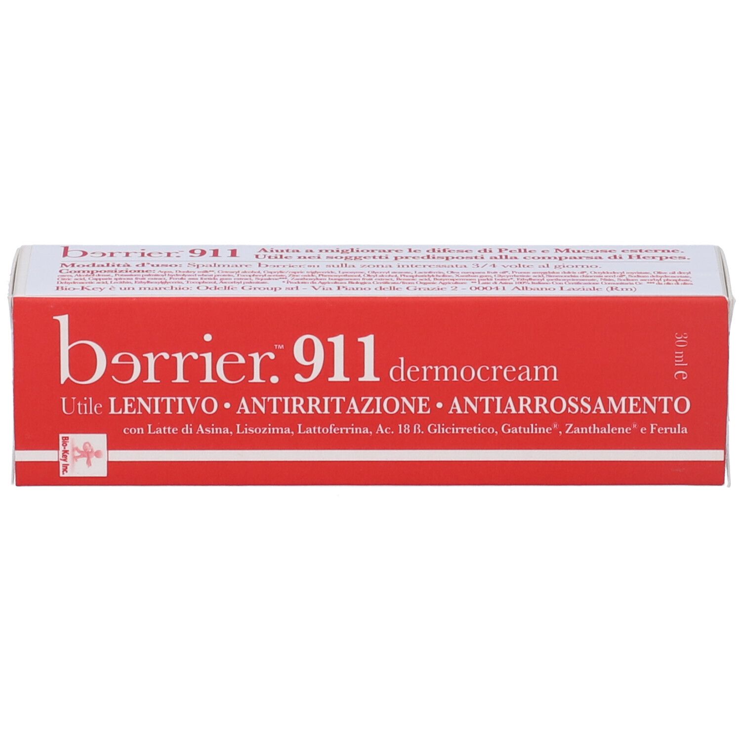 Confezione del prodotto rossa e bianca. Scritta: barrier. 911 dermocream. Testo: LENITIVO, ANTIRRITAZIONE, ANTIARROSSAMENTO. 30 ml.