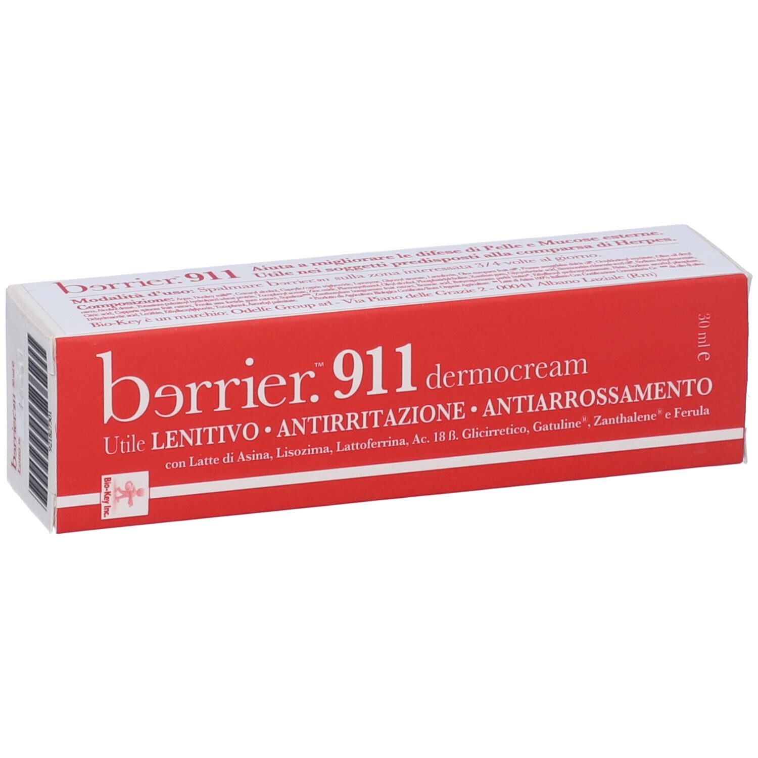 Confezione del prodotto rossa e bianca. Scritta: barrier. 911 dermocream. Testo: LENITIVO, ANTIRRITAZIONE, ANTIARROSSAMENTO. 30 ml.