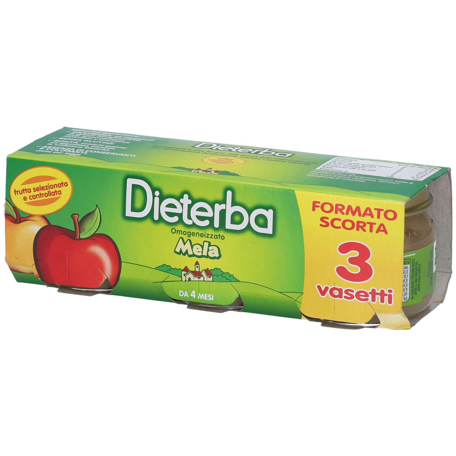 Confezione verde "Dieterba Mela" con 3 vasetti di omogeneizzato alla mela. Per bambini da 4 mesi.