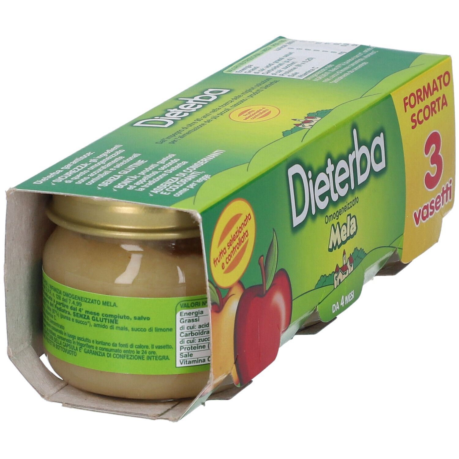 Confezione verde "Dieterba Mela" con 3 vasetti di omogeneizzato alla mela. Per bambini da 4 mesi.