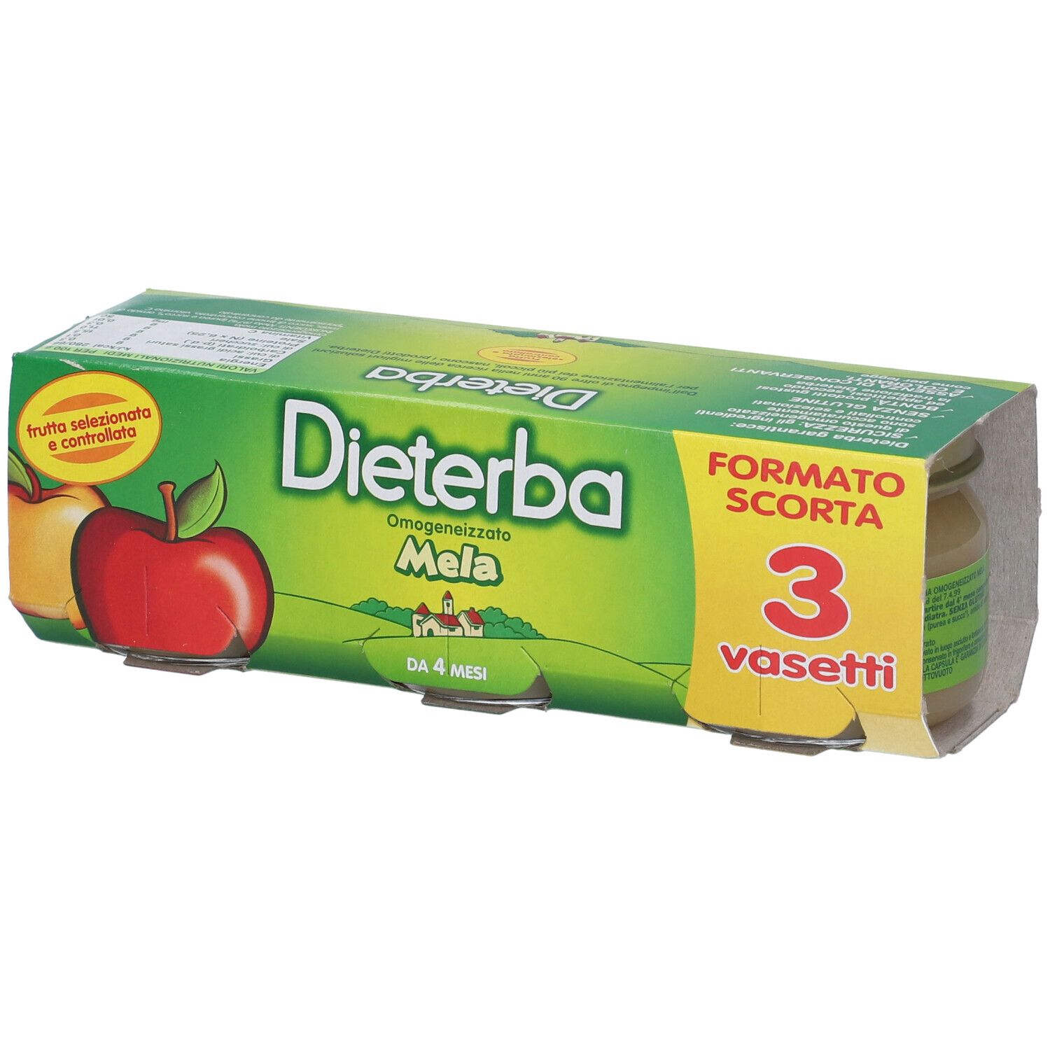 Confezione verde "Dieterba Mela" con 3 vasetti di omogeneizzato alla mela. Per bambini da 4 mesi.