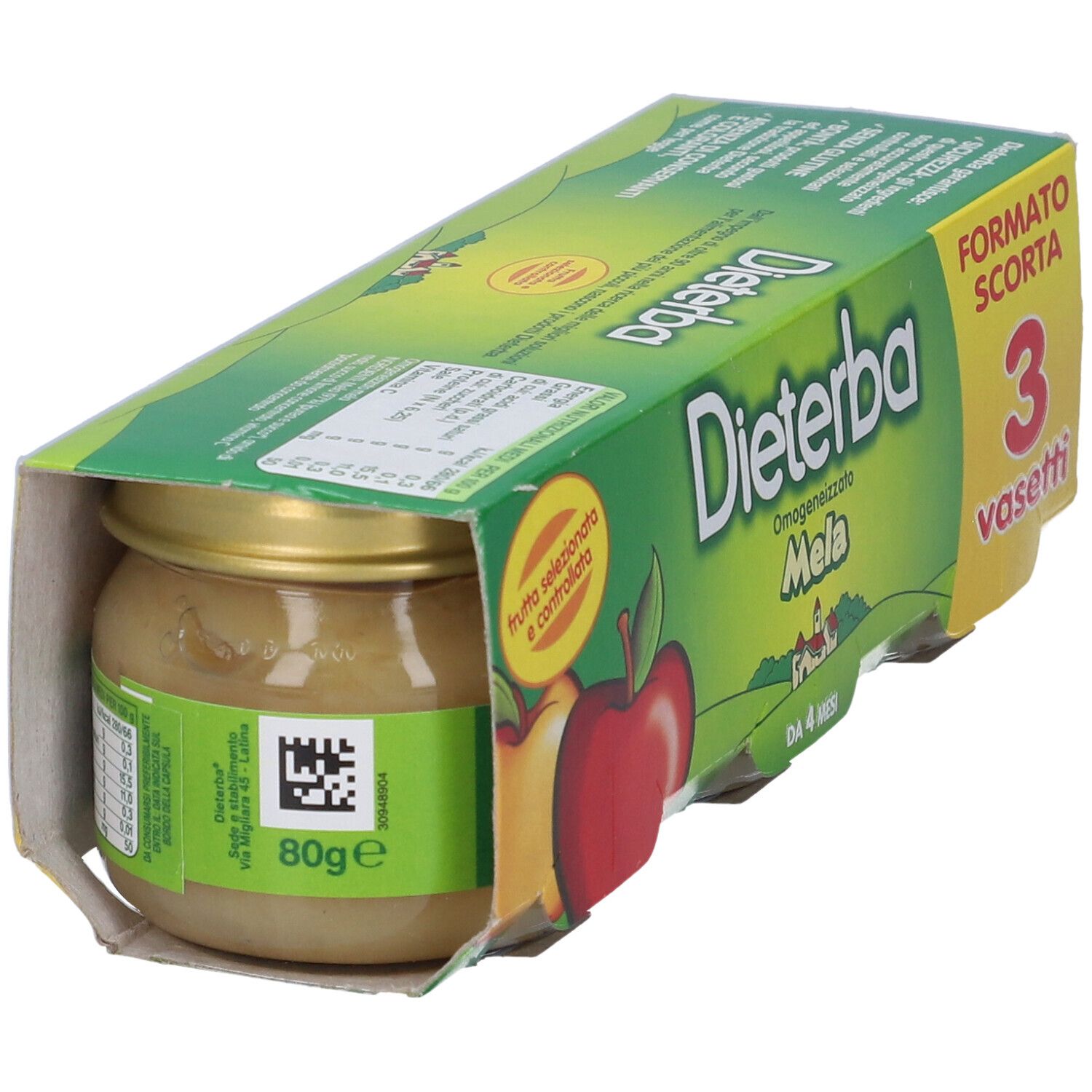 Confezione verde "Dieterba Mela" con 3 vasetti di omogeneizzato alla mela. Per bambini da 4 mesi.