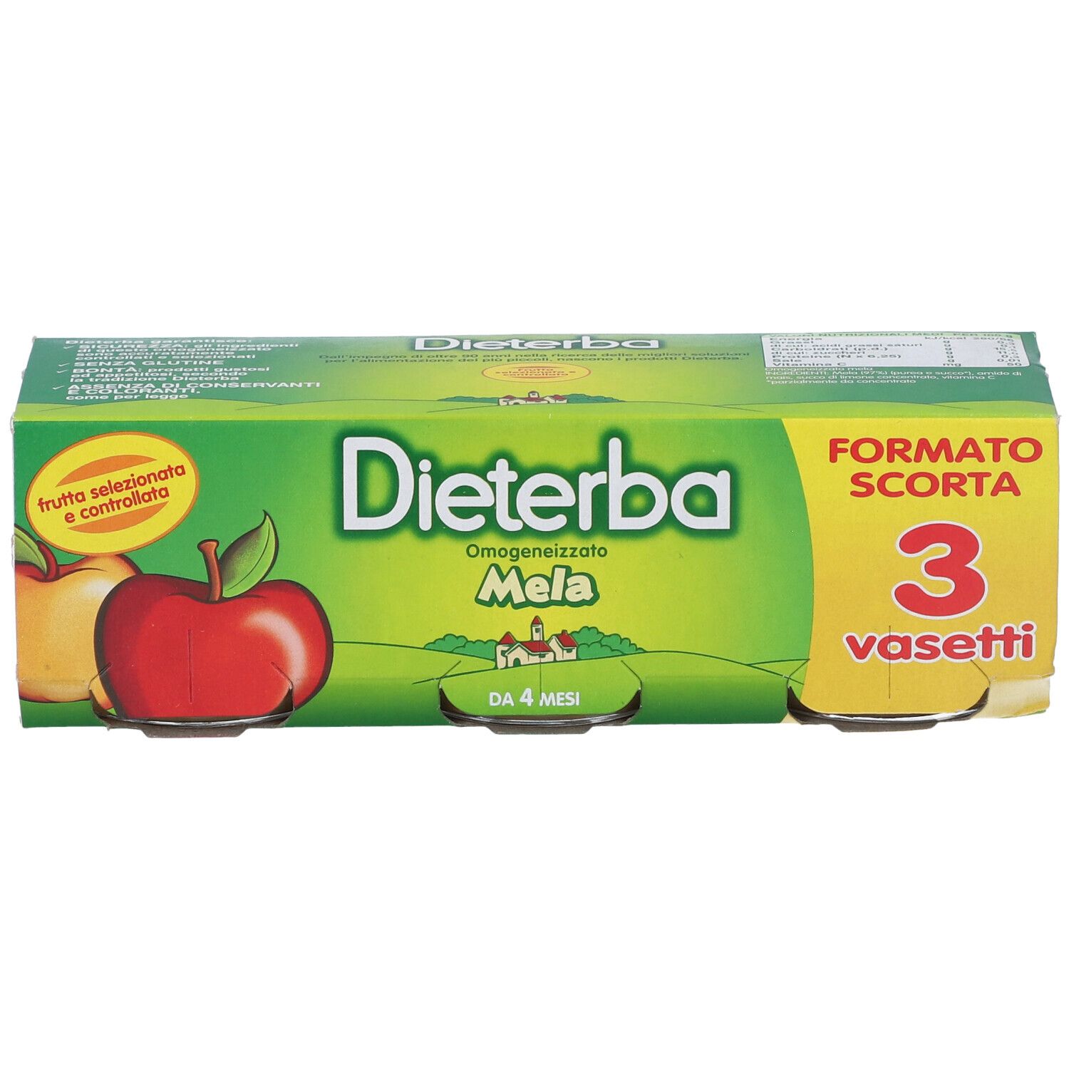 Confezione verde "Dieterba Mela". Contiene 3 vasetti di omogeneizzato alla mela. Per bambini da 4 mesi.