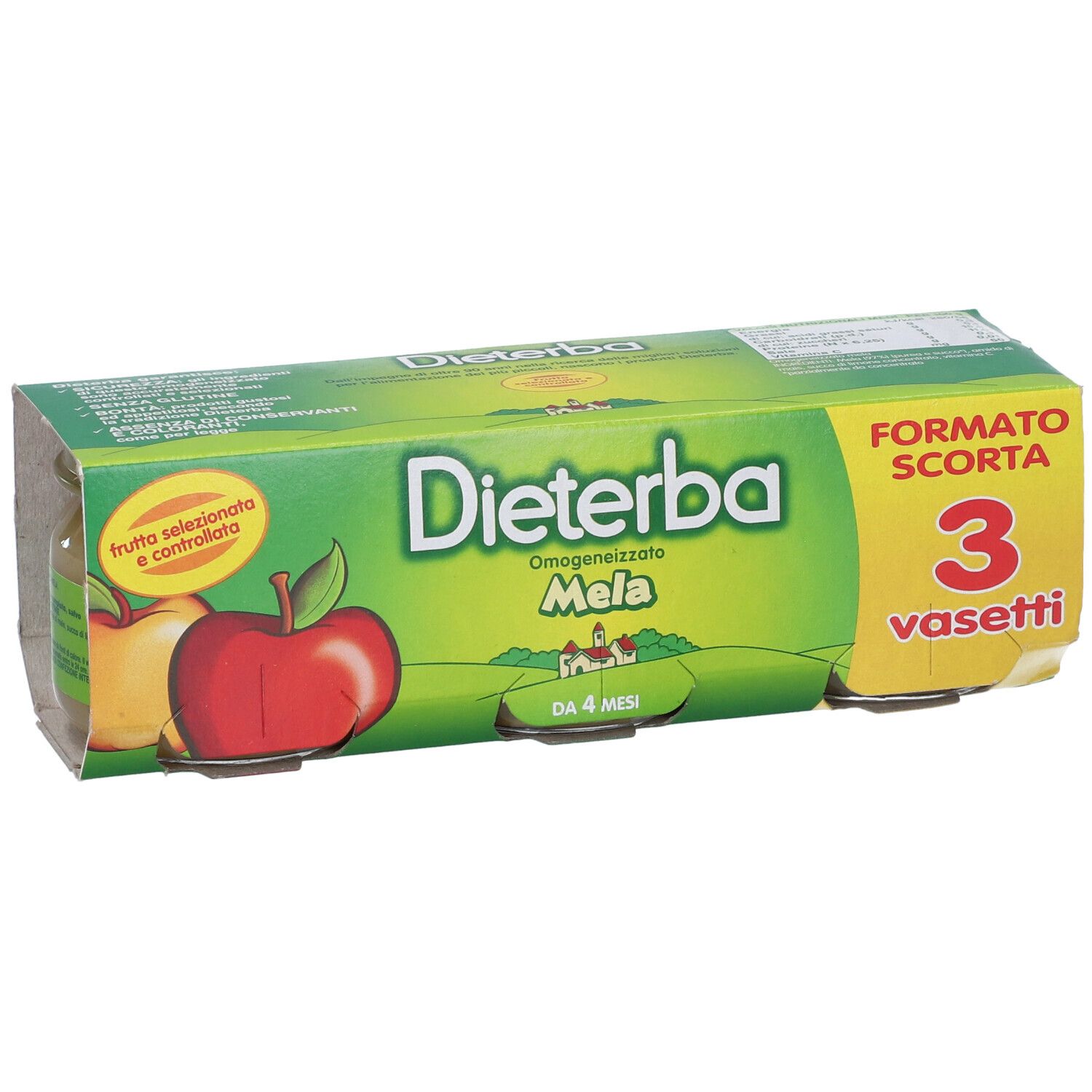 Confezione verde "Dieterba Mela". Contiene 3 vasetti di omogeneizzato alla mela. Per bambini da 4 mesi.