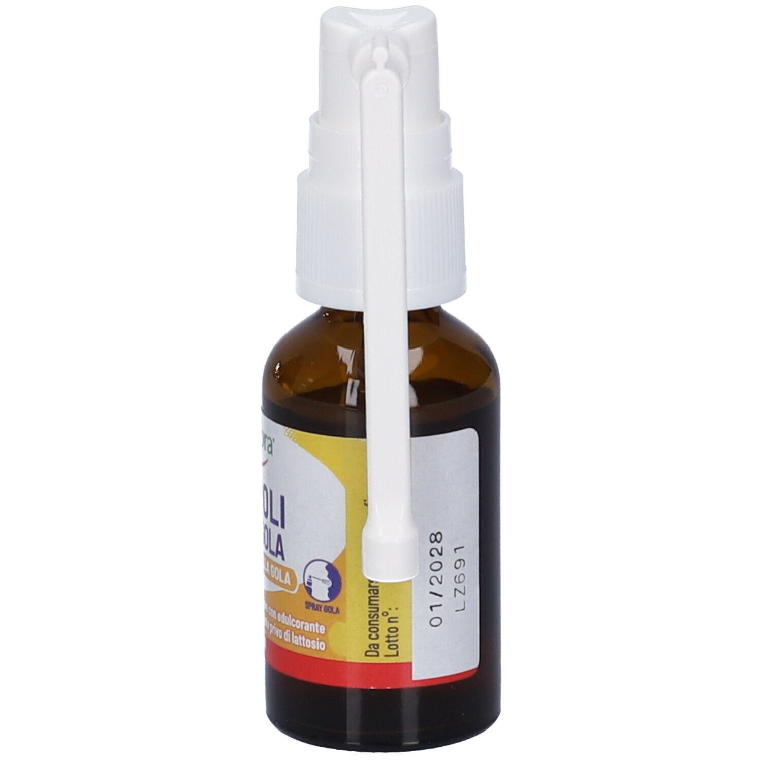 Flacone in vetro marrone con nebulizzatore e applicatore bianchi. Etichetta gialla con informazioni prodotto. Testo: Propoli Spray Gola.