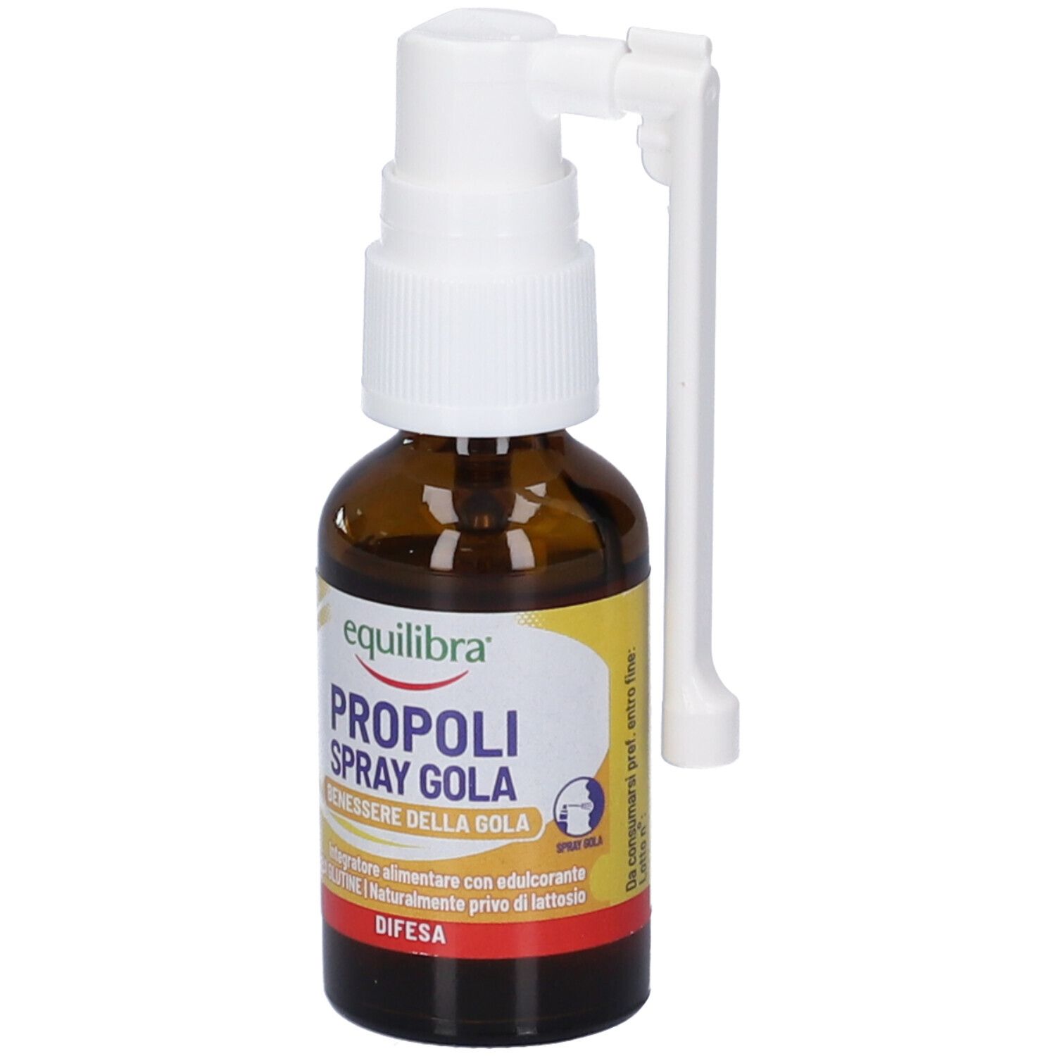 Flacone in vetro marrone con nebulizzatore e applicatore bianchi. Etichetta gialla con nome prodotto e marchio Equilibra®.