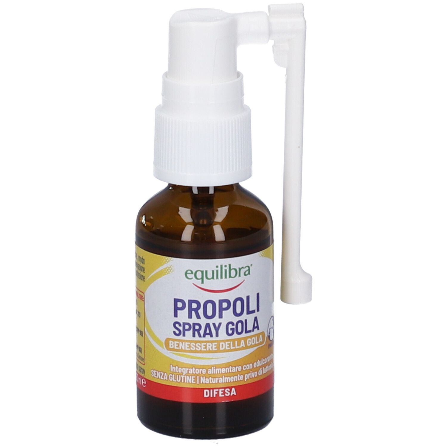 Flacone in vetro marrone con nebulizzatore e applicatore bianchi. Etichetta gialla con nome prodotto e marchio Equilibra®.
