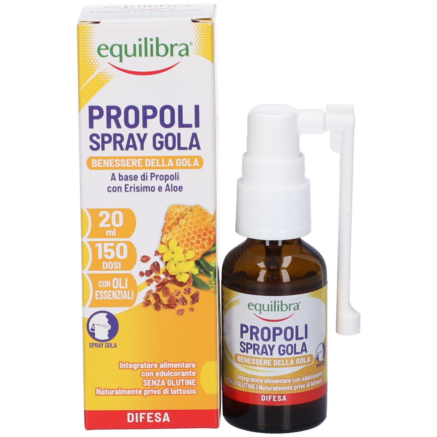 Flacone e scatola del prodotto. Flacone: vetro marrone, nebulizzatore bianco. Scatola: gialla, nome prodotto, marchio Equilibra®.