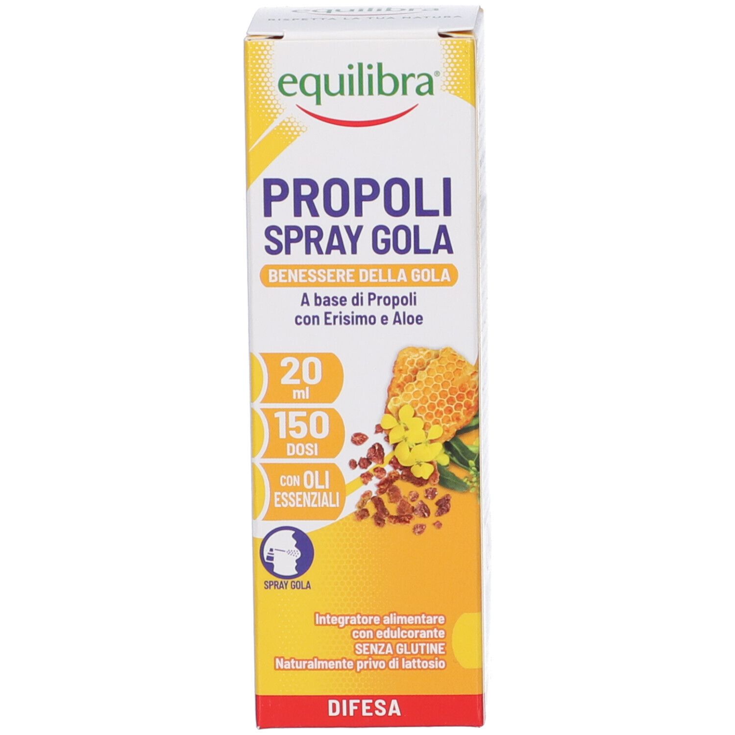 Confezione prodotto gialla con nome prodotto e marchio Equilibra®. Testo: Propoli Spray Gola. Illustrazione di favo.