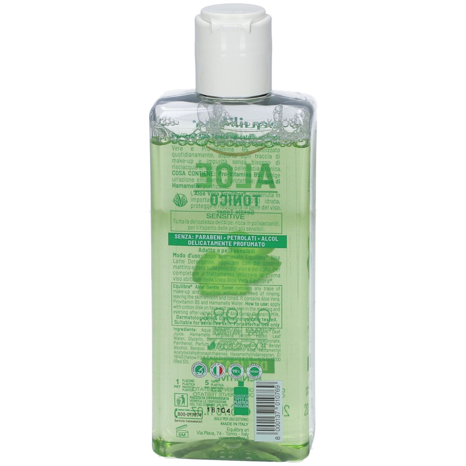 Retro del flacone con liquido verdognolo. Scritta: Equilibra Aloe Tonico. Testo e illustrazioni. Tappo bianco.