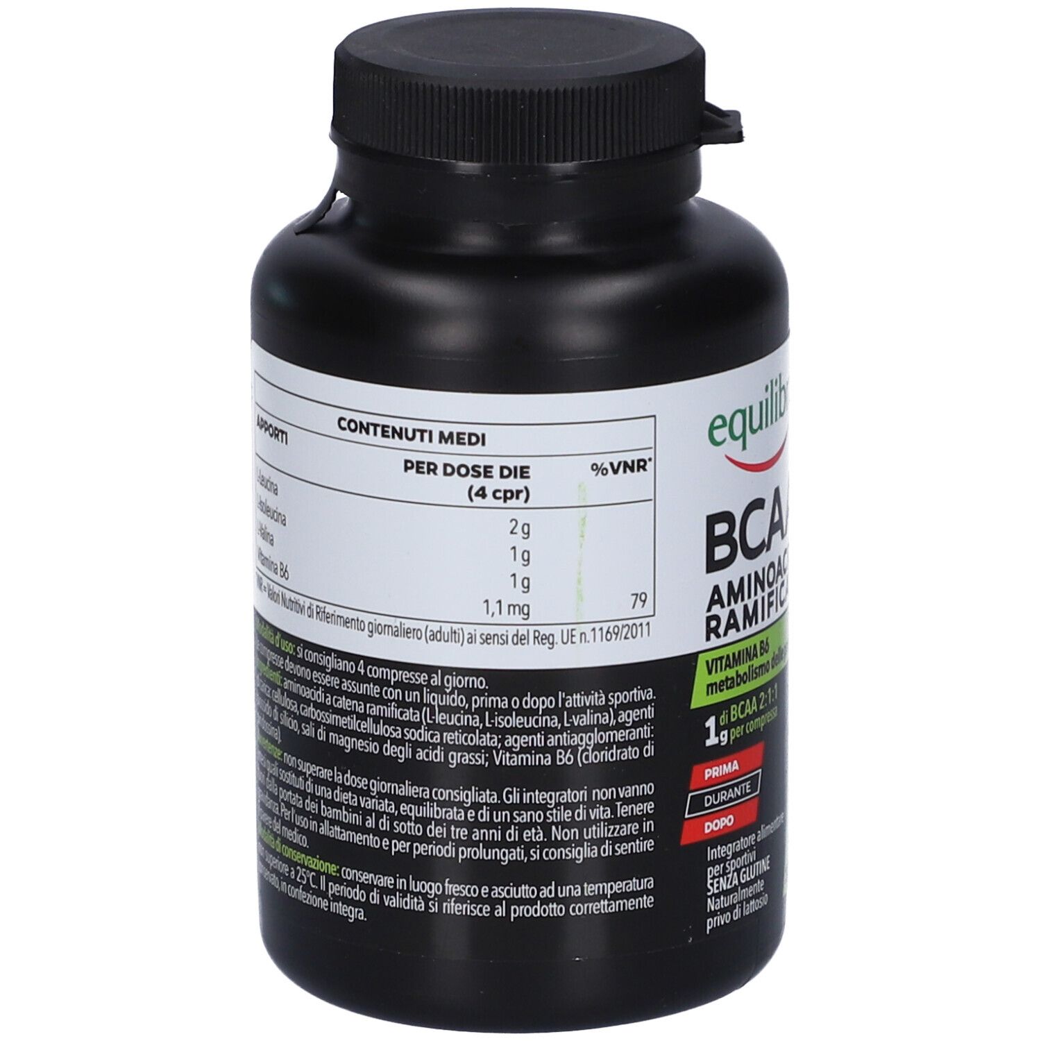 Retro del flacone nero. Contiene informazioni sugli ingredienti e i valori nutrizionali. Testo in italiano.