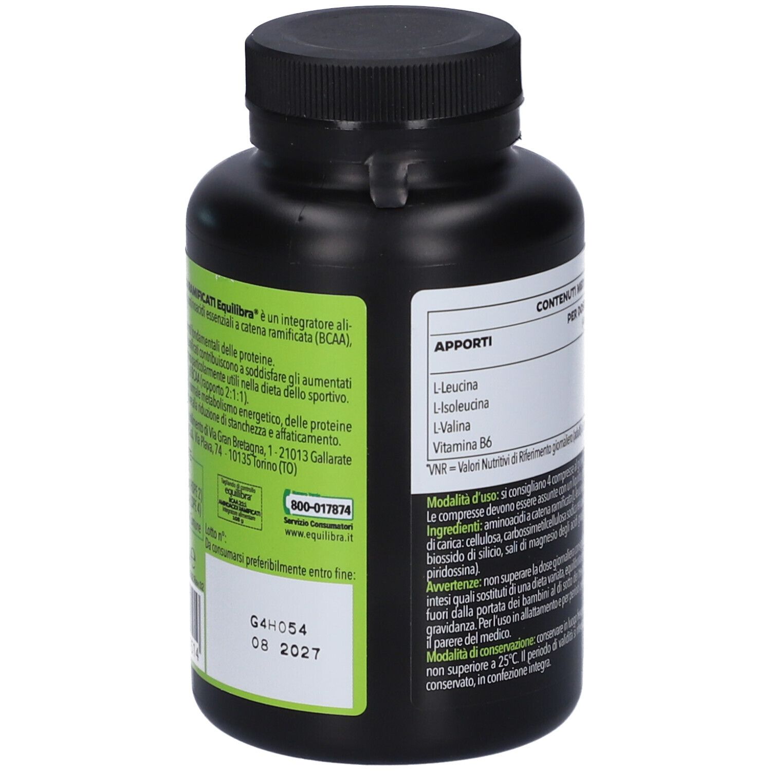 Retro del flacone nero. Contiene informazioni sugli ingredienti e i valori nutrizionali. Testo in italiano.