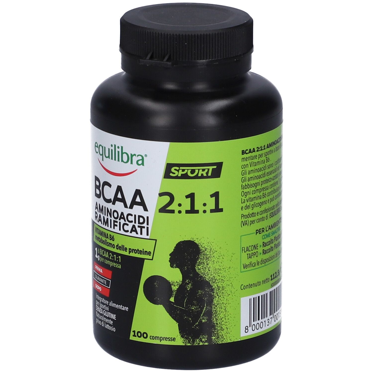 Flacone nero con etichetta verde. Scritta: Equilibra BCAA 2:1:1, aminoacidi ramificati. 100 compresse. Logo Sport.