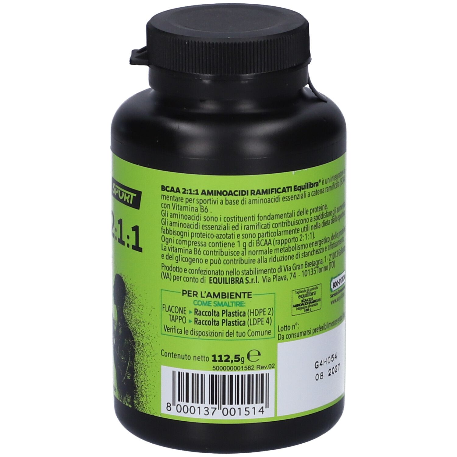 Retro del flacone nero. Contiene informazioni sugli ingredienti e i valori nutrizionali. Testo in italiano.