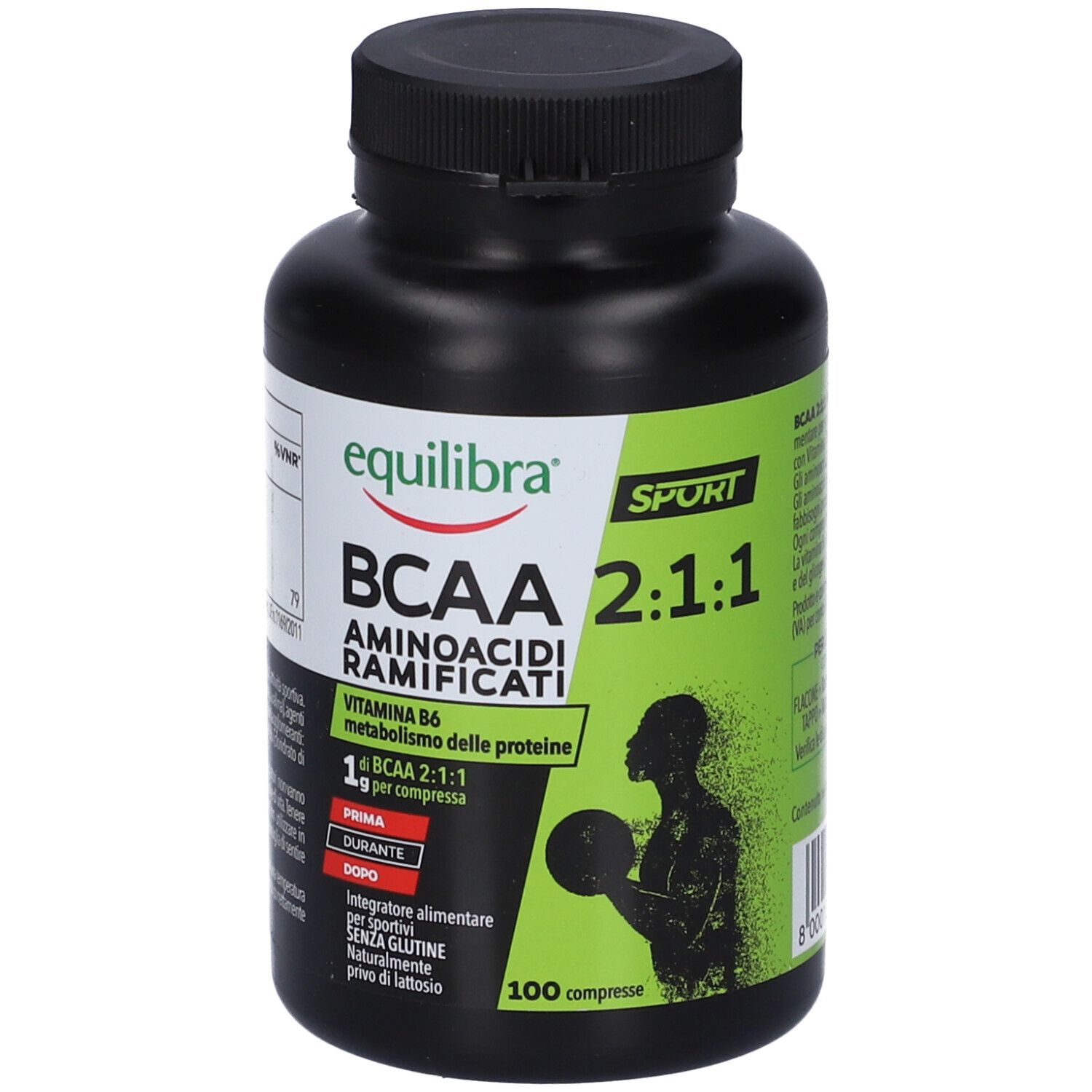 Flacone nero con etichetta verde. Scritta: Equilibra BCAA 2:1:1, aminoacidi ramificati. 100 compresse. Logo Sport.