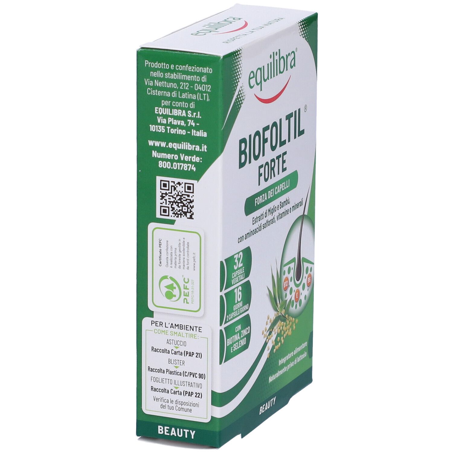 Vista laterale della confezione di Equilibra Biofoltil Forte. Contiene informazioni sul produttore e i marchi ambientali.