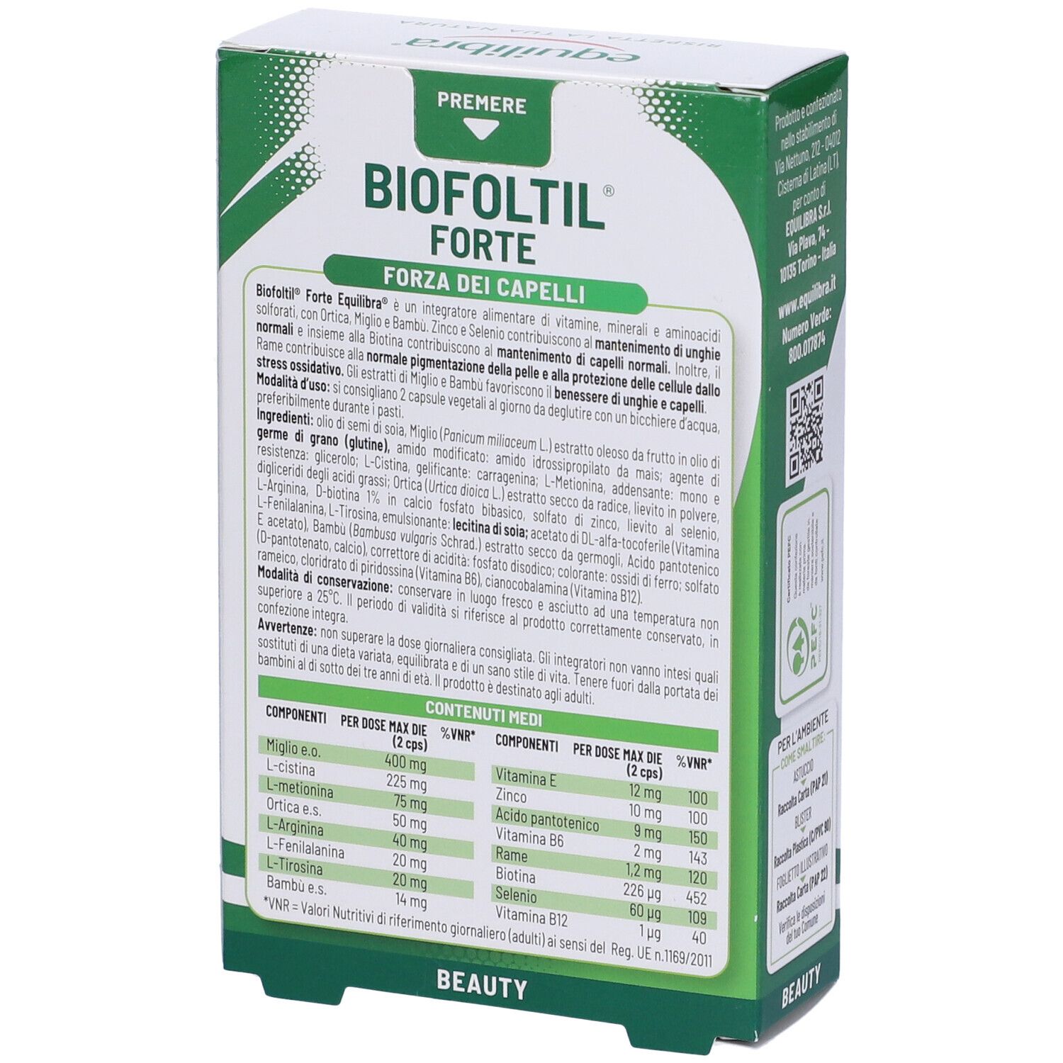 Retro della confezione di Equilibra Biofoltil Forte. Contiene informazioni sugli ingredienti e i valori nutrizionali.